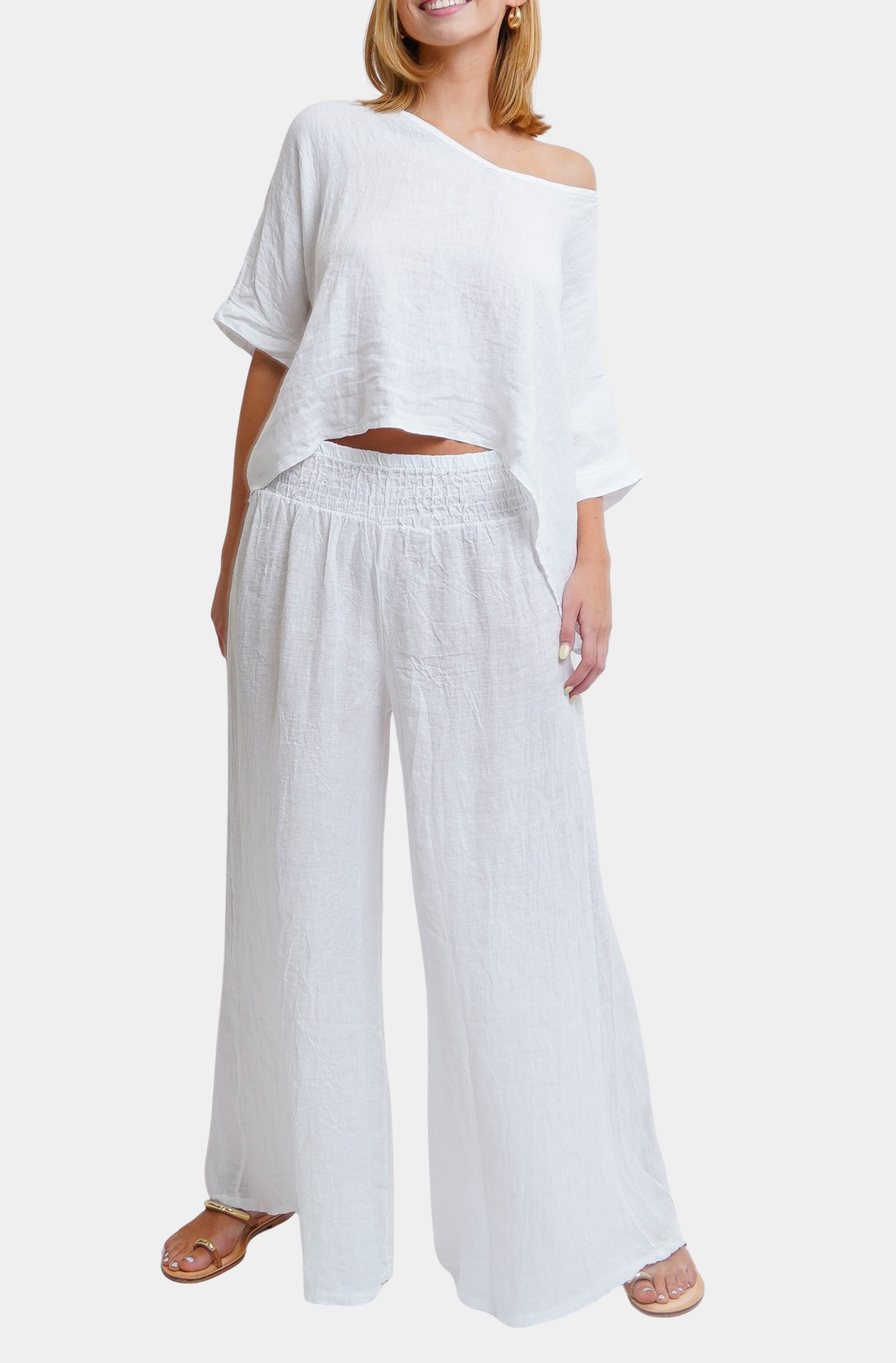 Linen Smocked Waist Palazzo Pant