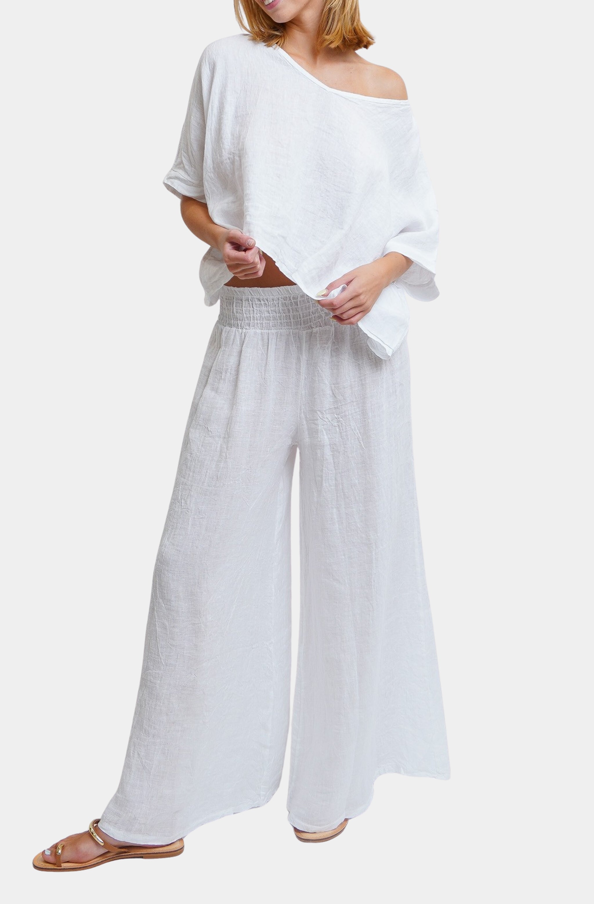 Linen Smocked Waist Palazzo Pant