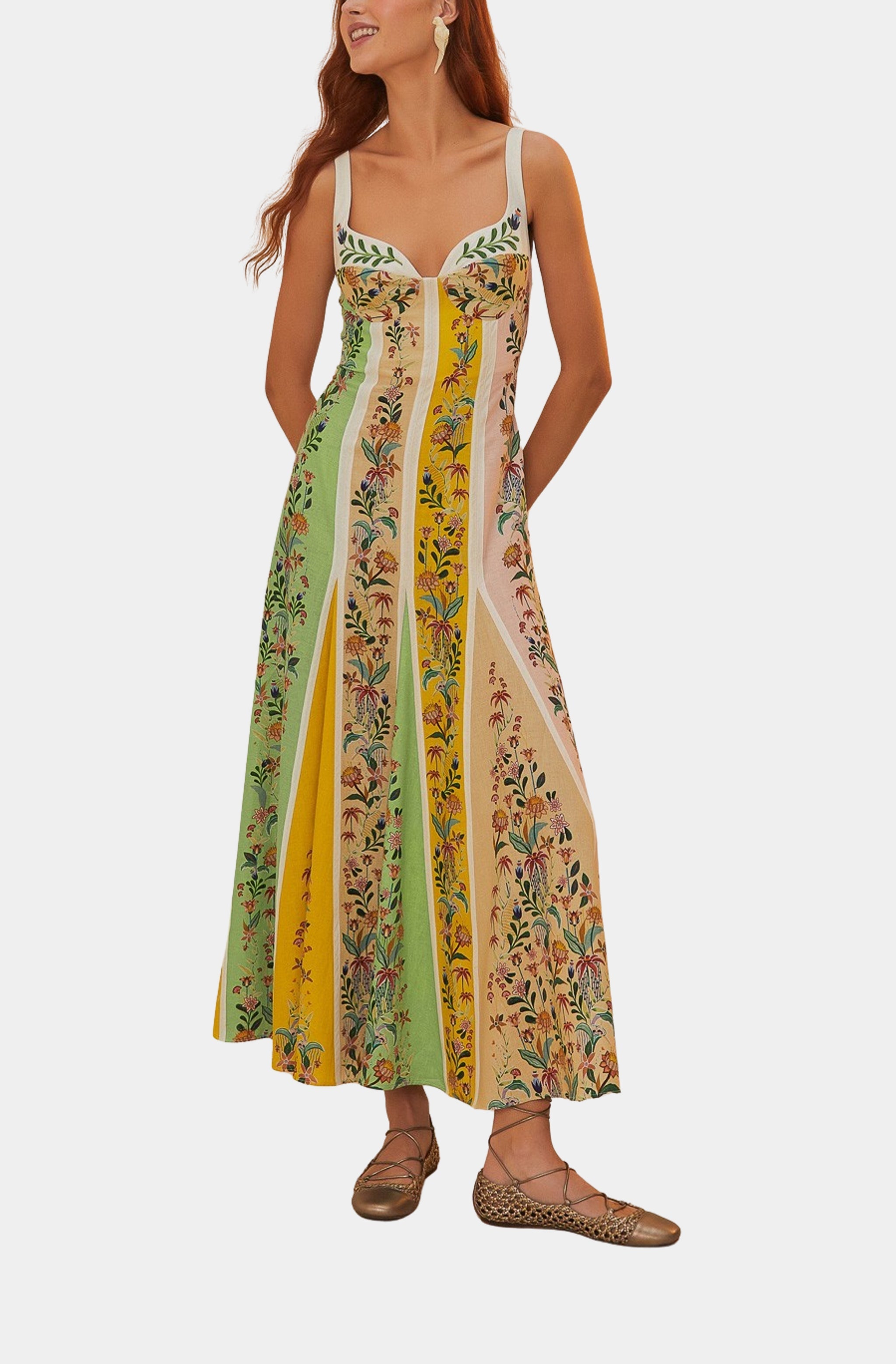 Delicate Floral Stripes Multicolor Sleeveless Gore Dress