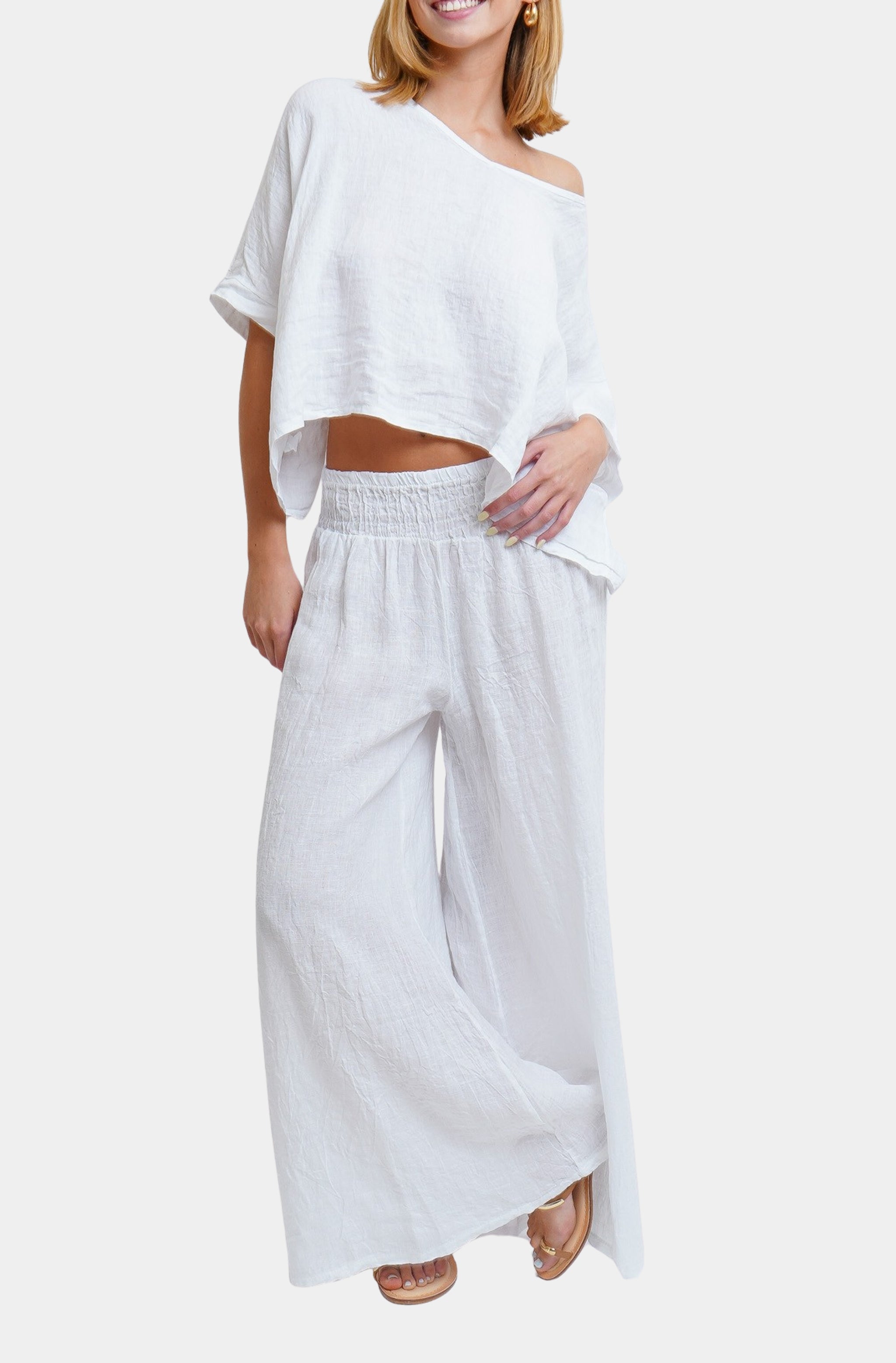 Linen Smocked Waist Palazzo Pant