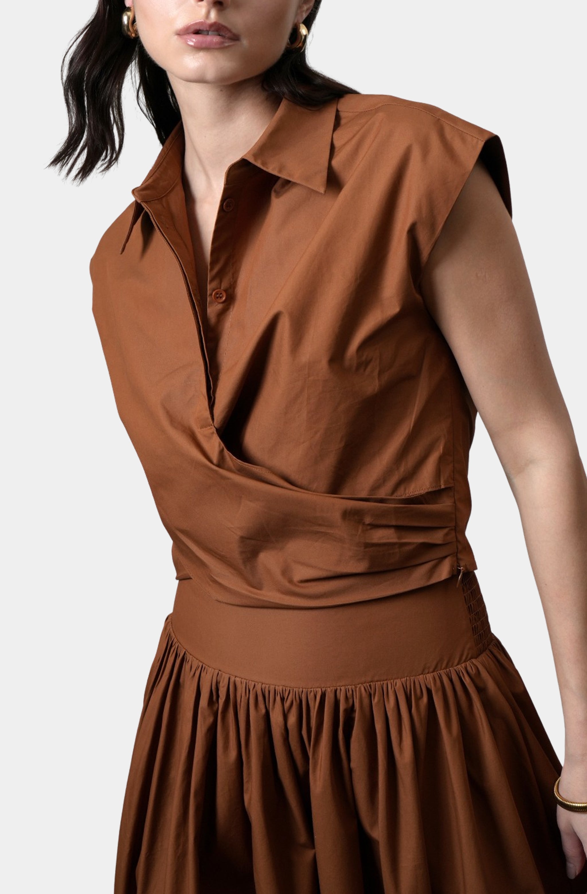 Eloise Wrap Front Extended Shoulder Poplin Top