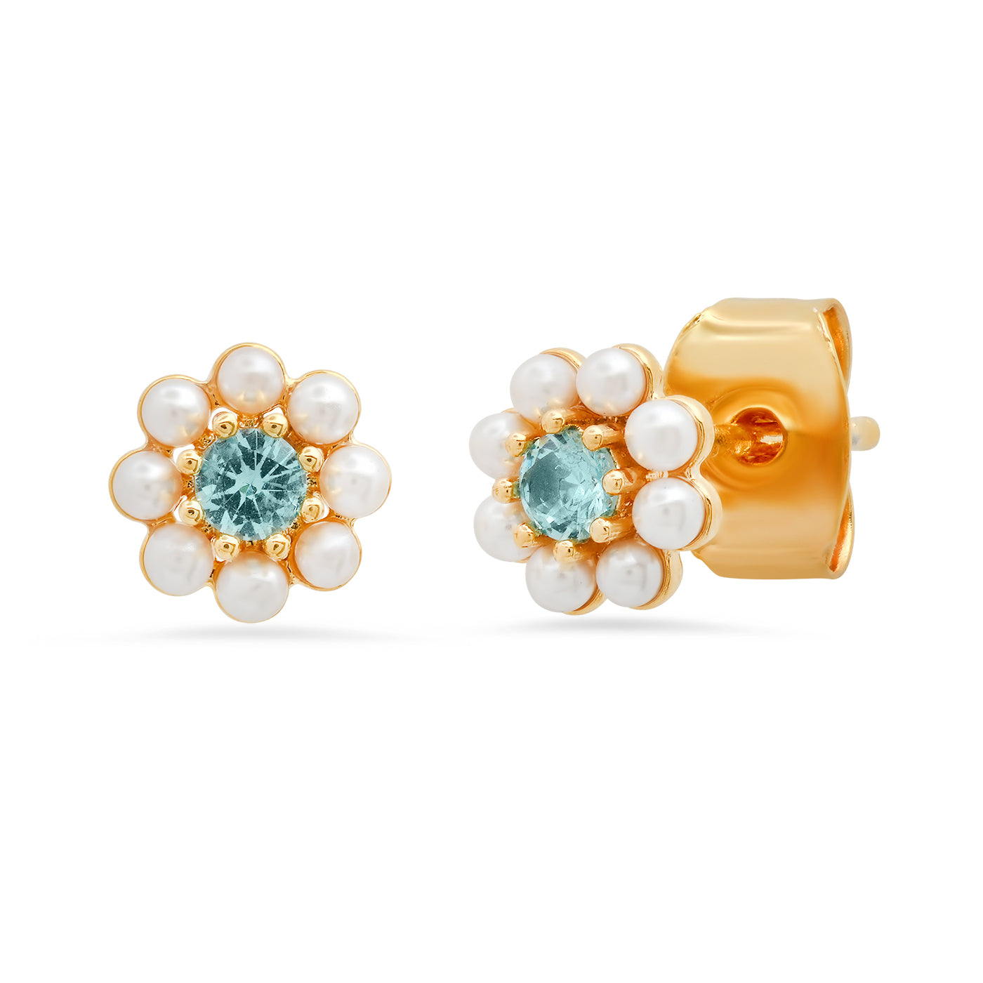 Pearl Flower Studs with Blue Center Stone