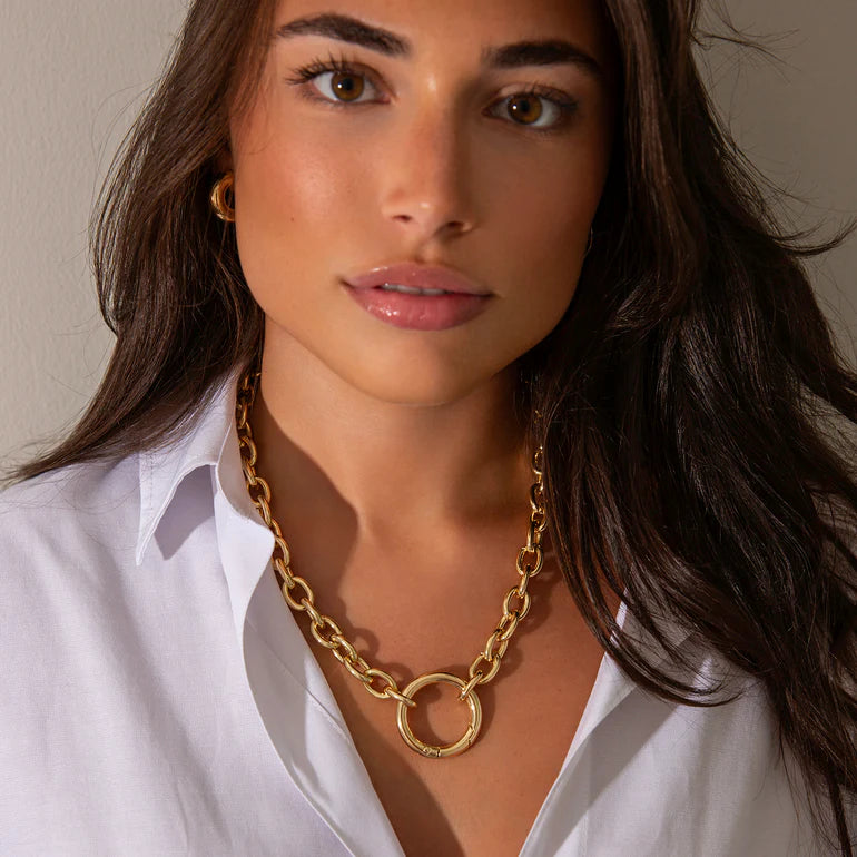 Gold-Chunky Cable Chain with Oversized Round Connector Charm Clasp